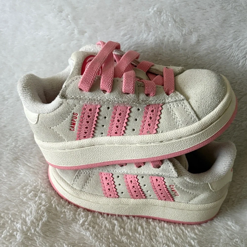 adidas Kids Cream Suede Sneakers with Pink Accents